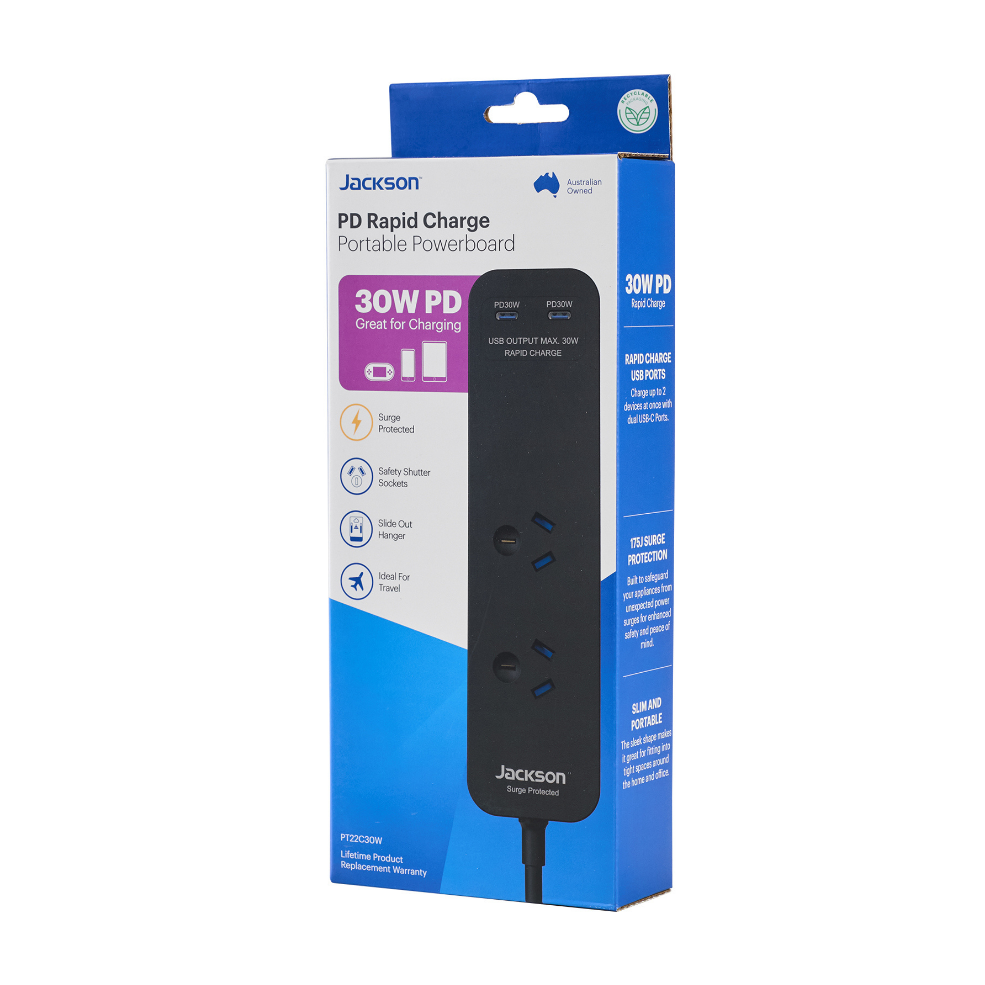 30W Dual USB-C, 2 Outlet Portable Powerboard