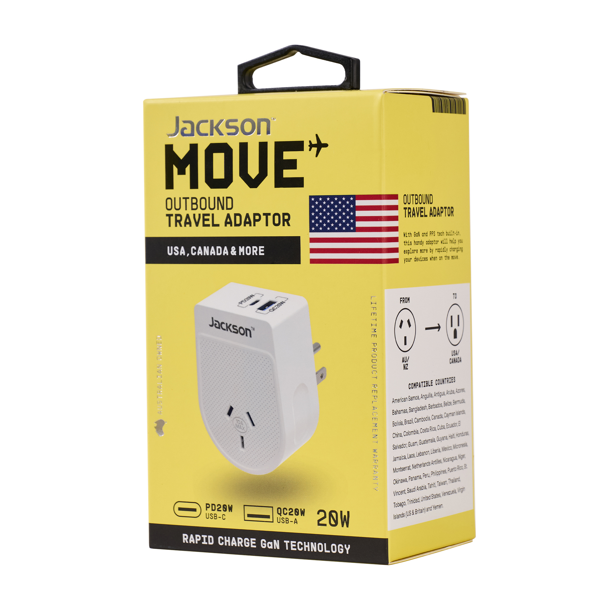 Move Outbound USA + Canada 20W USB-A + USB-C Travel Adaptor