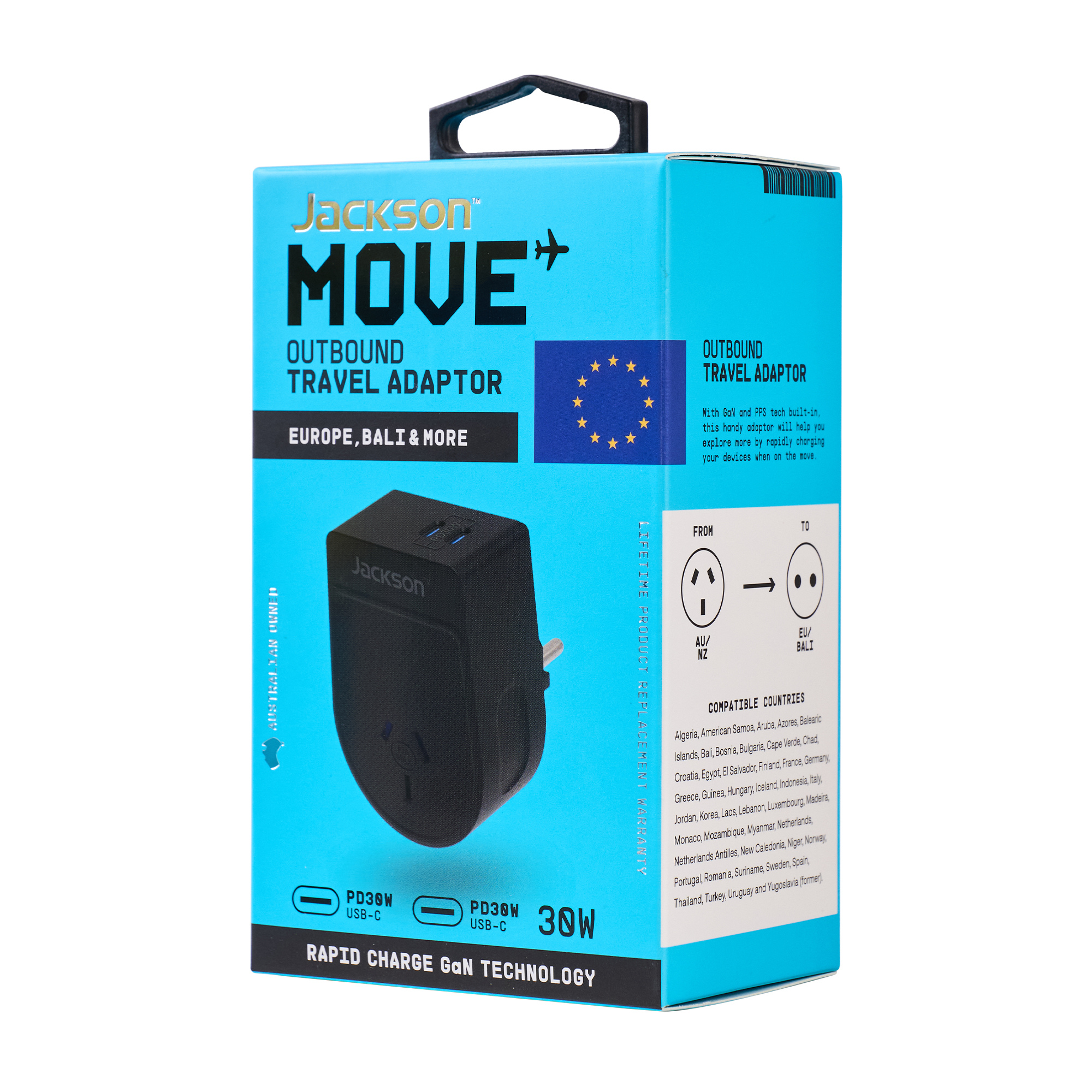 Move Outbound Europe + Bali 30W USB-C Travel Adaptor