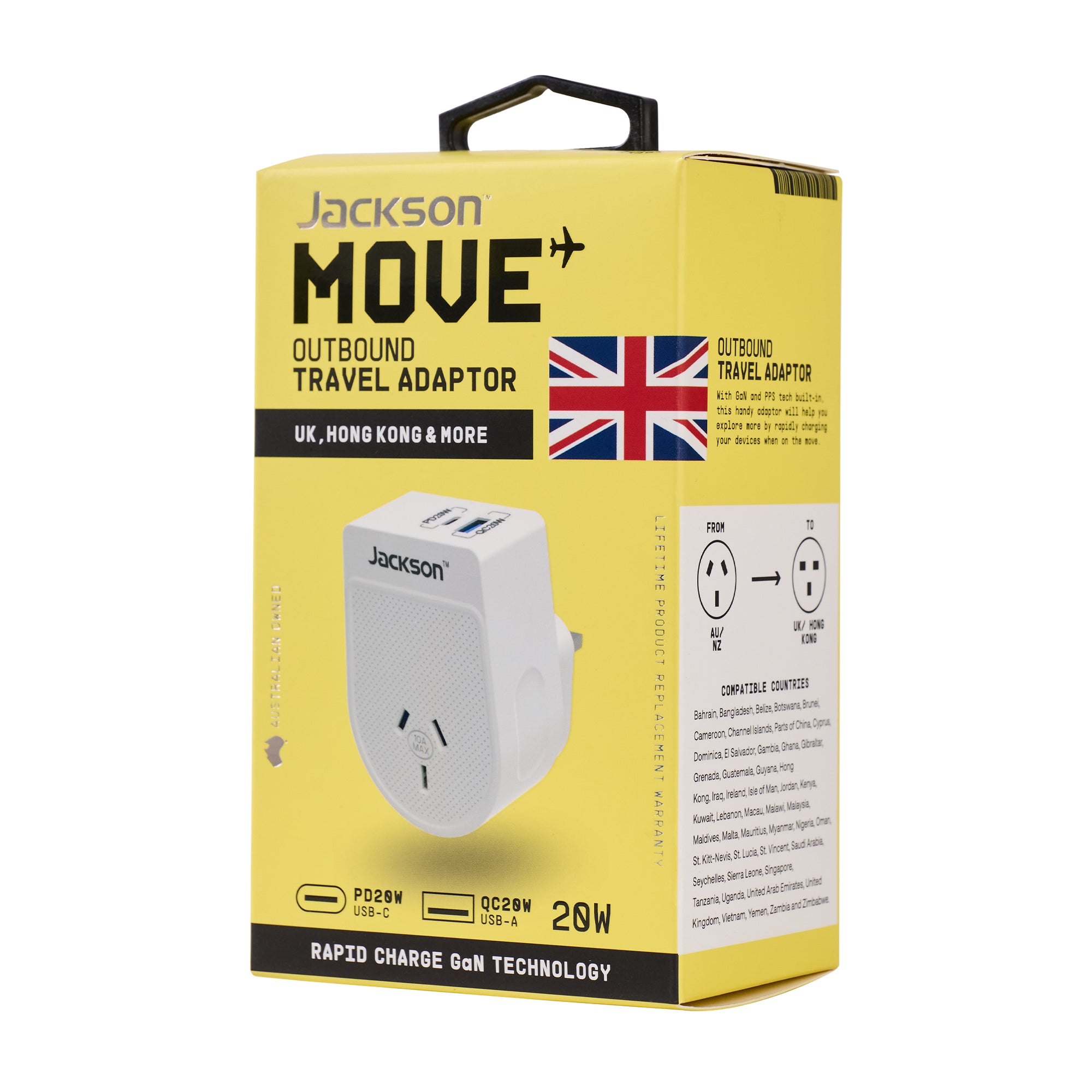 Move Outbound UK + Hong Kong 20W USB-A + USB-C Travel Adaptor