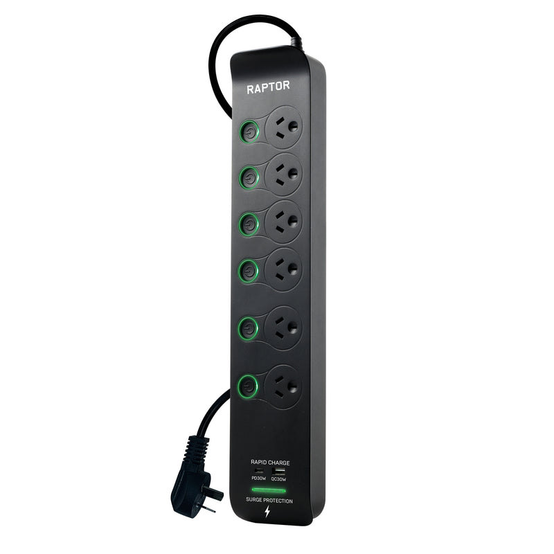 Raptor Surge Protected Board, 6 x Switch Sockets, 30W PD USB-C & 30W QC USB-A