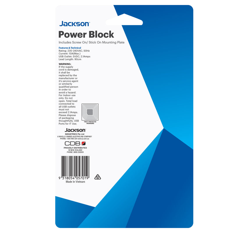 Power Block - 4 Outlet 2 x USB-A Ports (Blue)