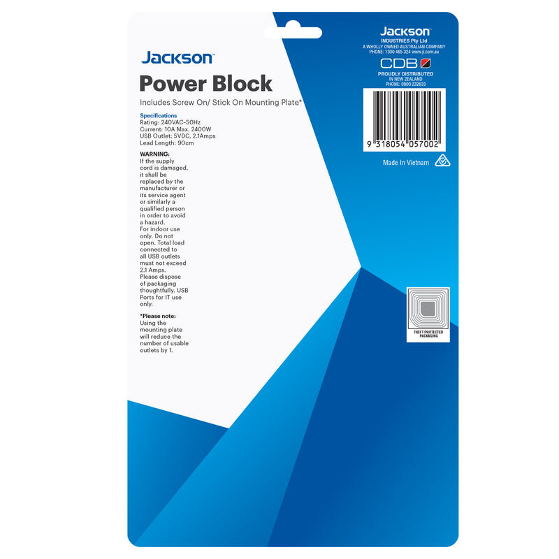 Power Block - 4 Outlet 2 x USB-A Ports